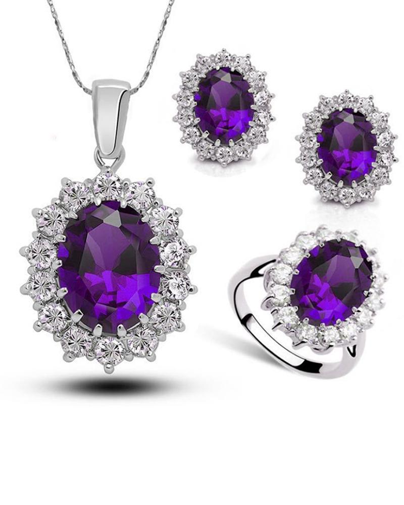 

4PCS Rhinestone Stud Pendant Necklace & Earrings & Ring Set, Purple