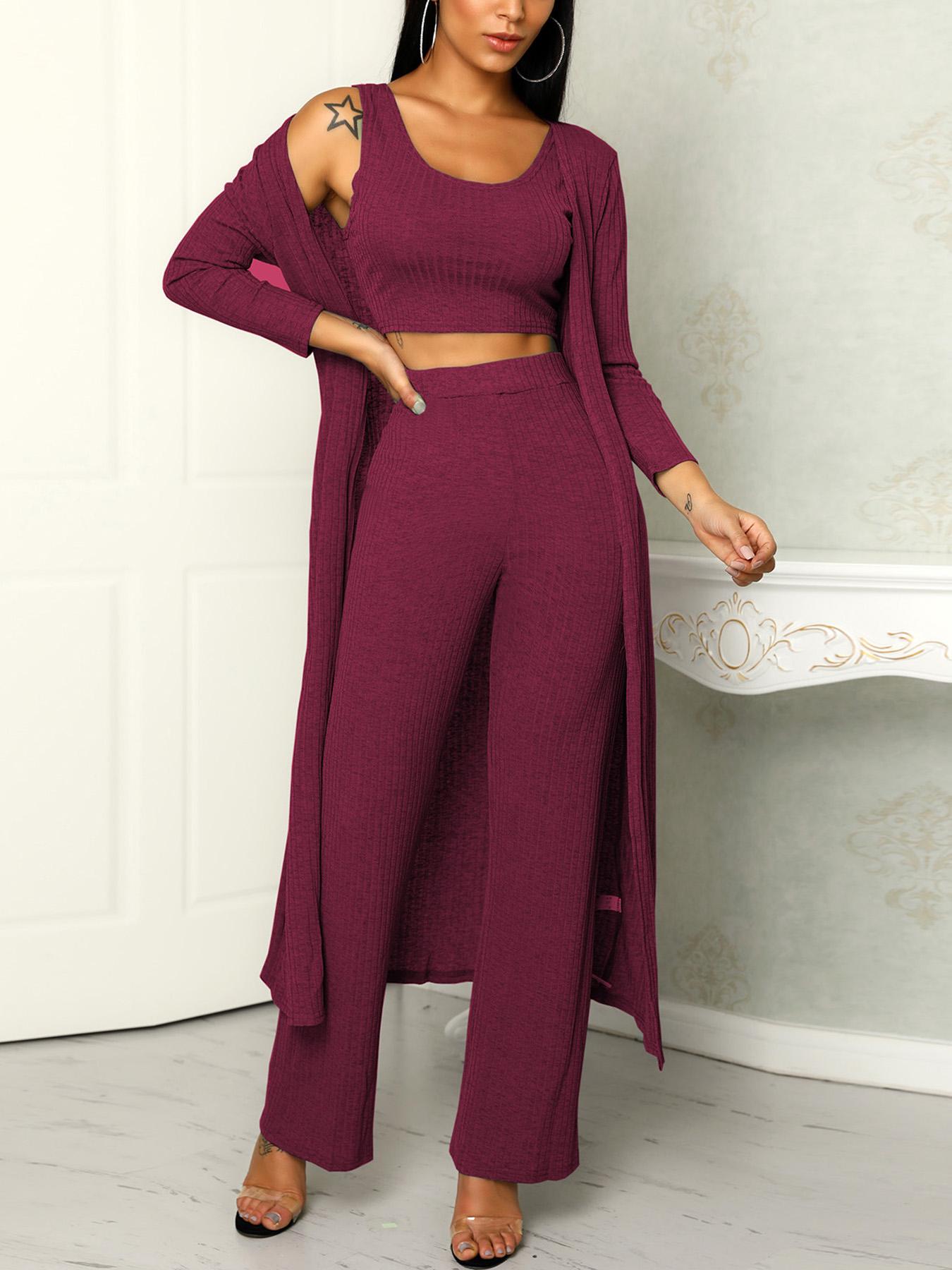 

3PCS Solid Ribbed Sets With Long Coat, Wine red