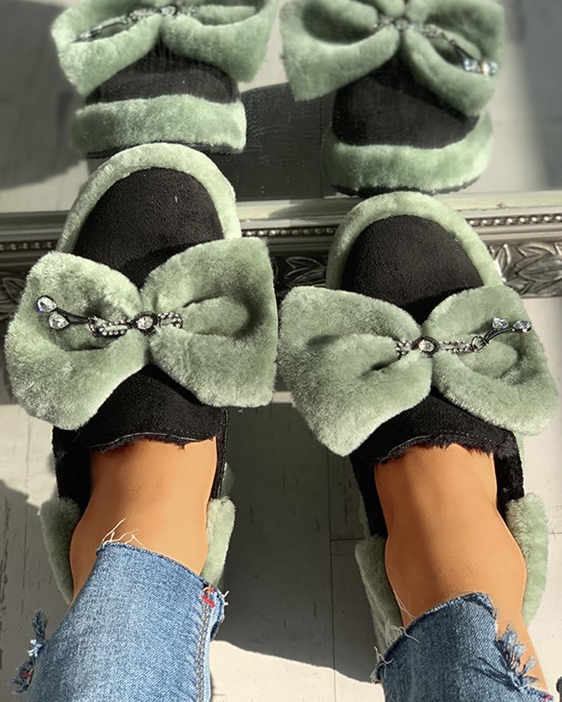 

Suede Fluffy Bowknot Detail Flat Shoes, Green