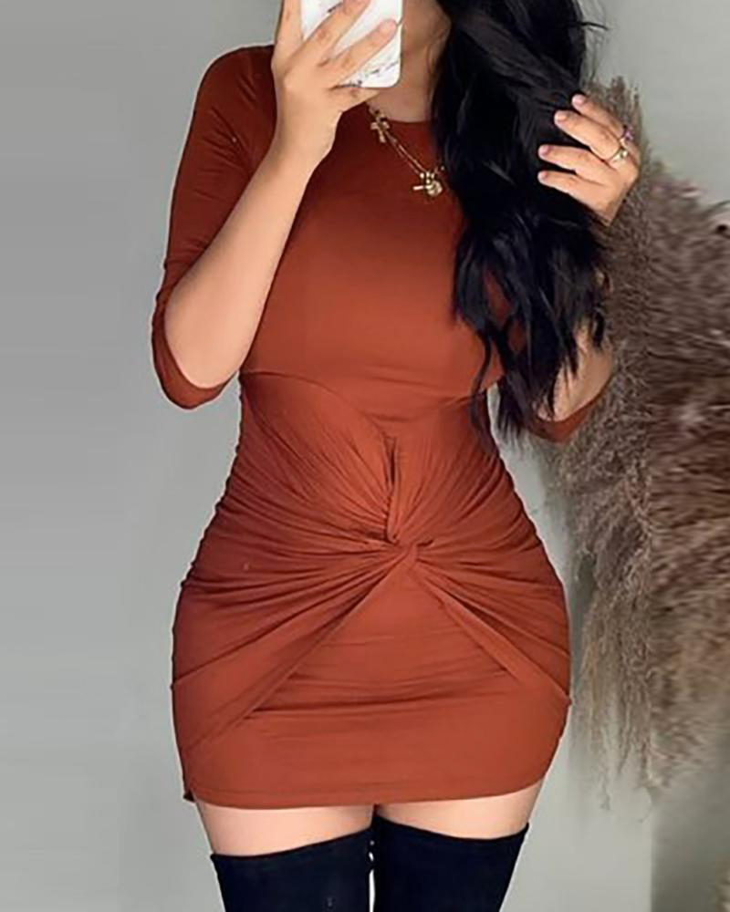 

Plain Long Sleeve Twisted Bodycon Dress, Brown