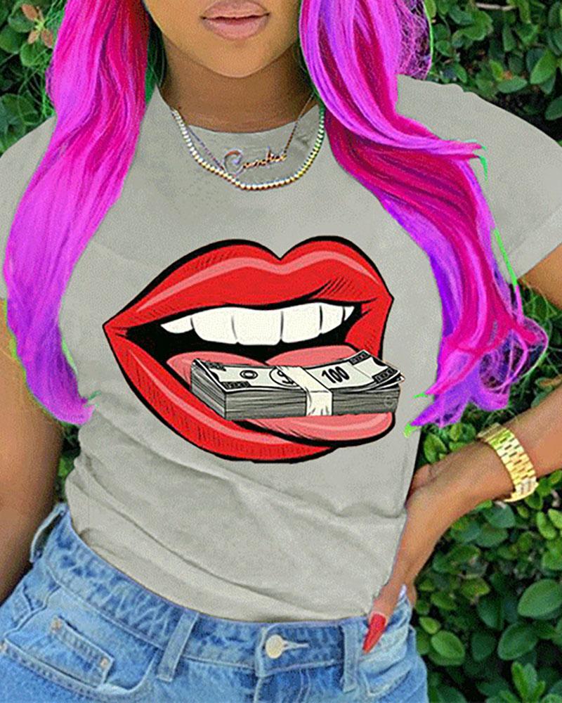 

Lip Print Short Sleeve Casual T-shirt, Gray