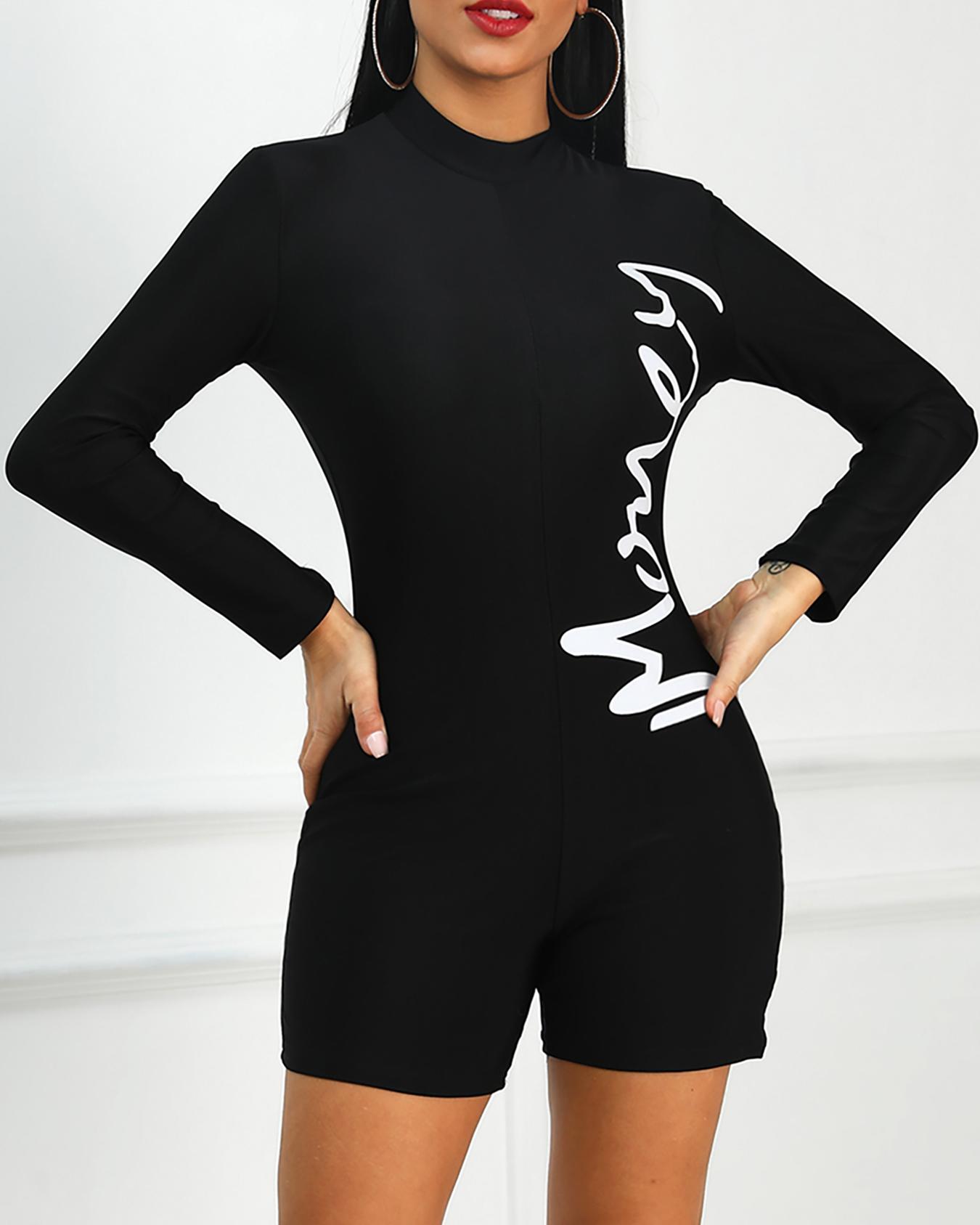 

Letter Print Long Sleeve Slinky Romper, Black