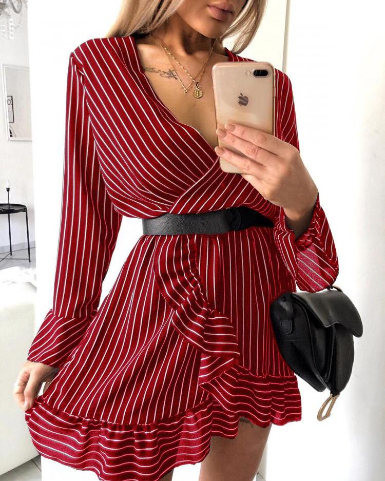 

Ruffle Hem Striped Wrap Dress, Red