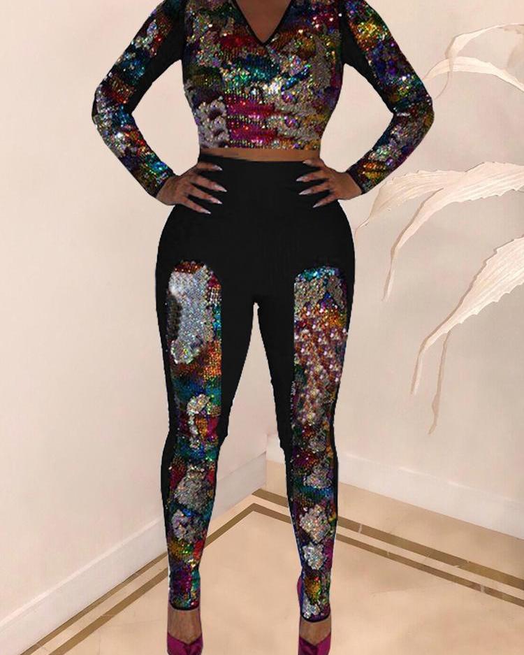 

Colorful Sequin Long Sleeve Top & Pants Set, Black