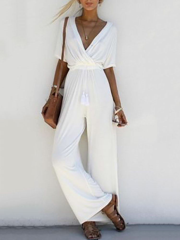 

Deep V High Waist Wide Leg Jumpsuit, White