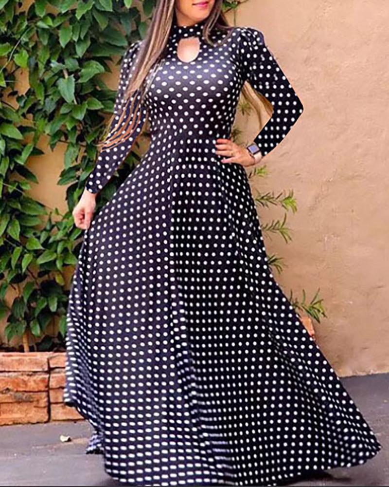 

Cutout Print Maxi Long Sleeve Dress, Black