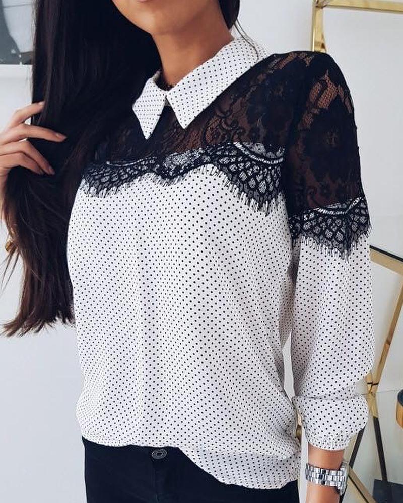 

Dot Print Crochet Lace Top, White