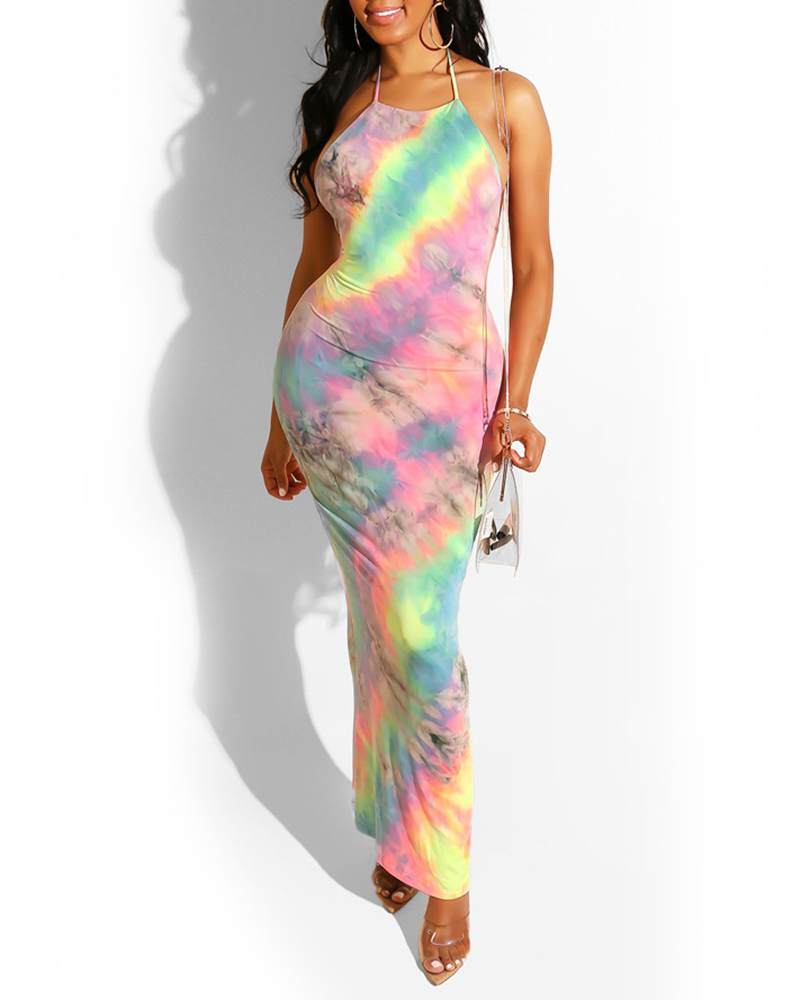 

Tie Dye Print Halter Backless Maxi Dress, Multicolor