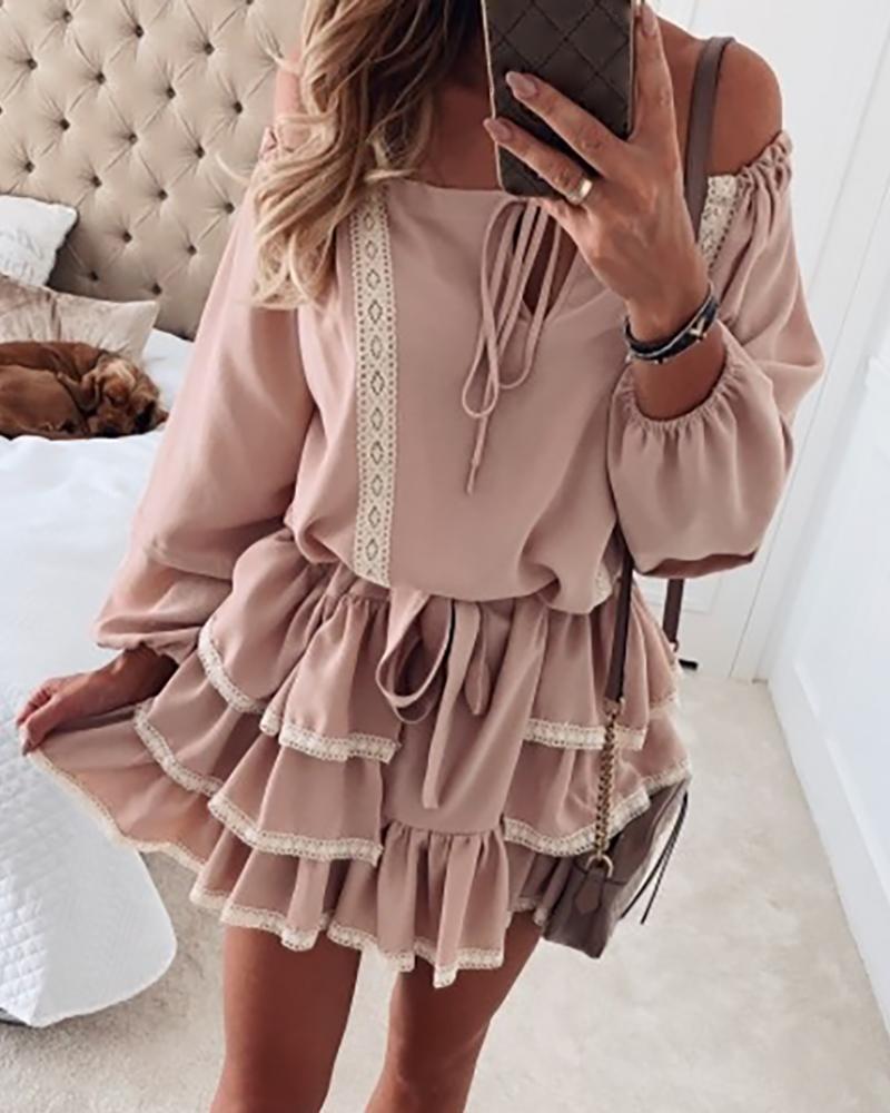 

Off Shoulder Lace Insert Layered Ruffles Dress, Pink