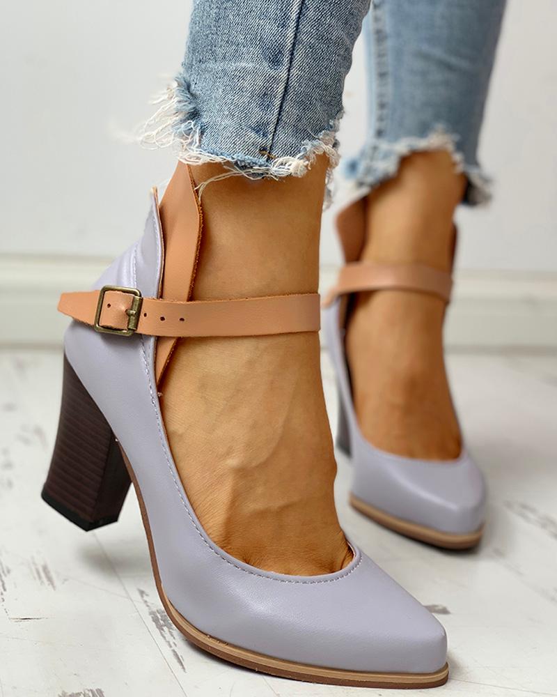 

Pointed Toe Ankle Buckled Chunky Heels, Gray
