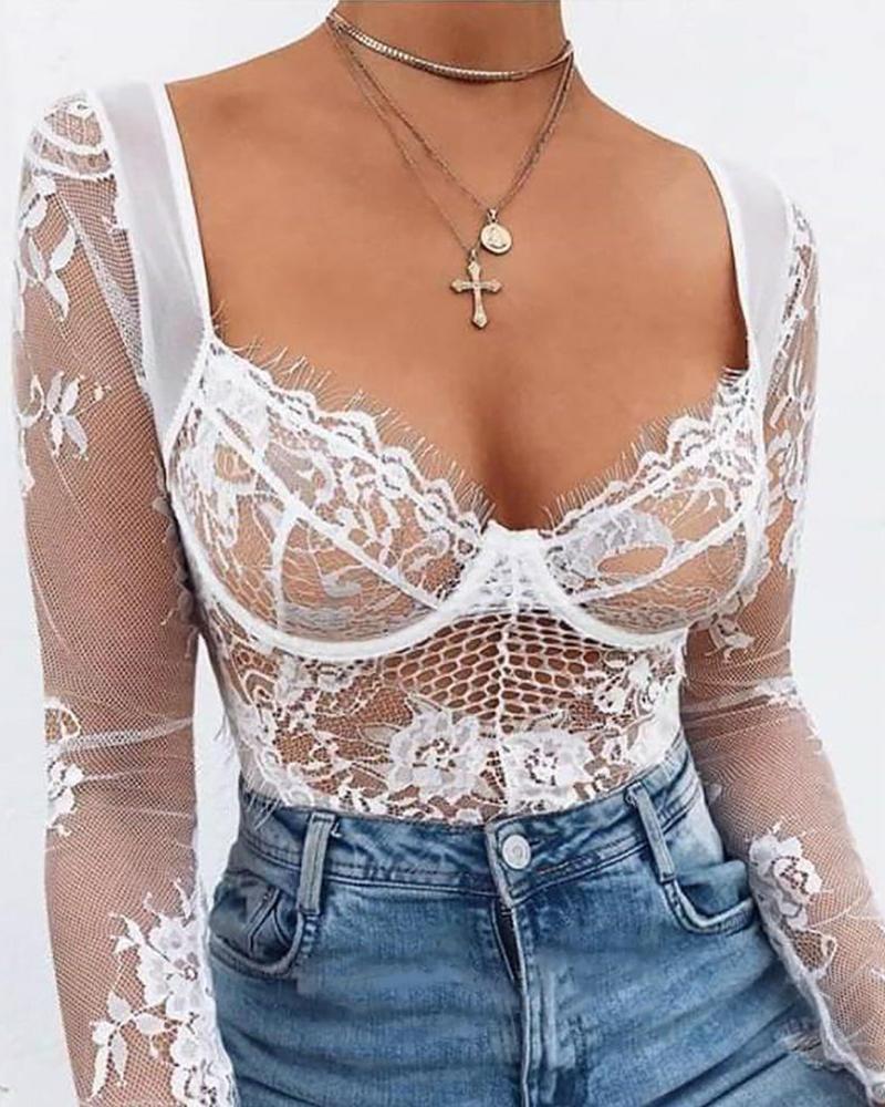 

Solid Lace Long Sleeve Skinny Unlined Cut-out Bodysuit, White