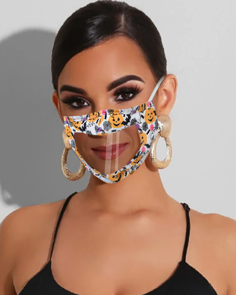 

Halloween Pumpkin Skull Print Visible Face Mask, Style1