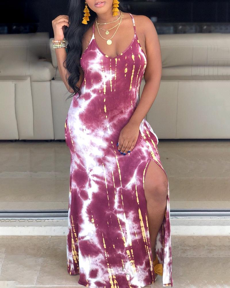 

Tie Dye Print Side Slit Maxi Dress, Hot pink