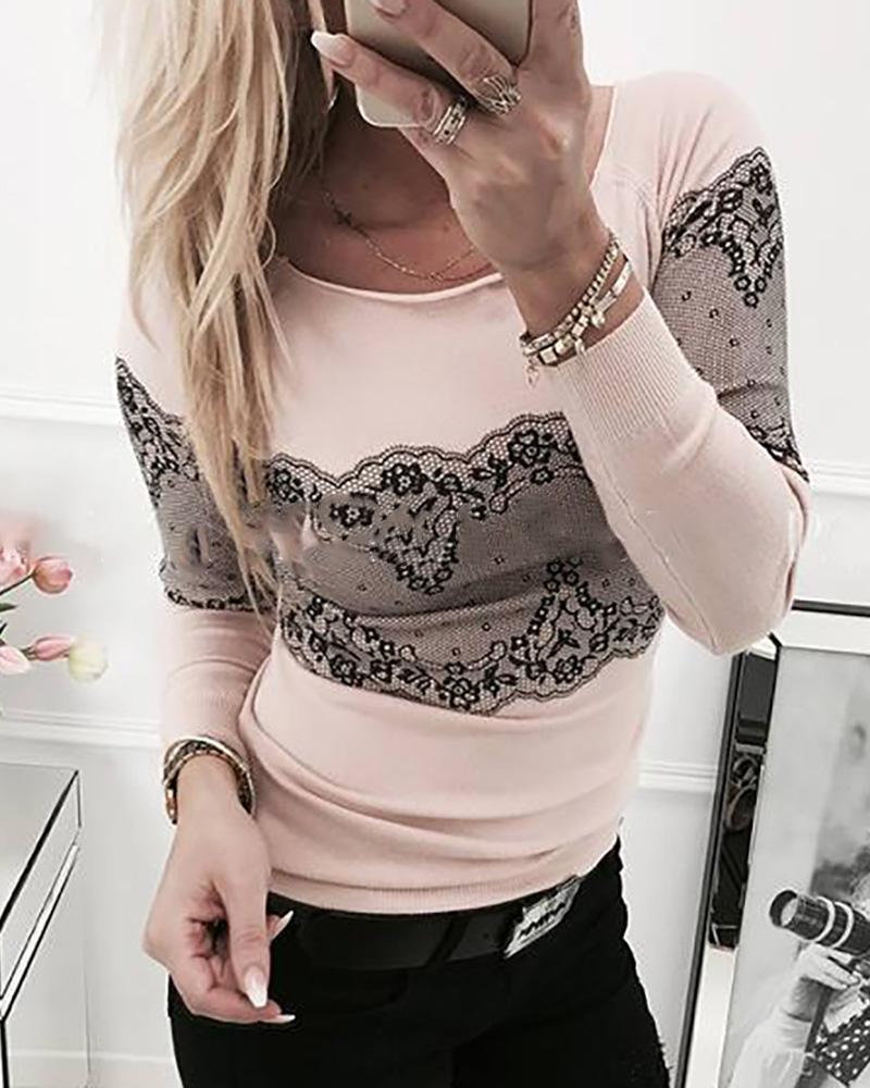 

Floral Pattern Lace Long Sleeve Casual Top, Pink