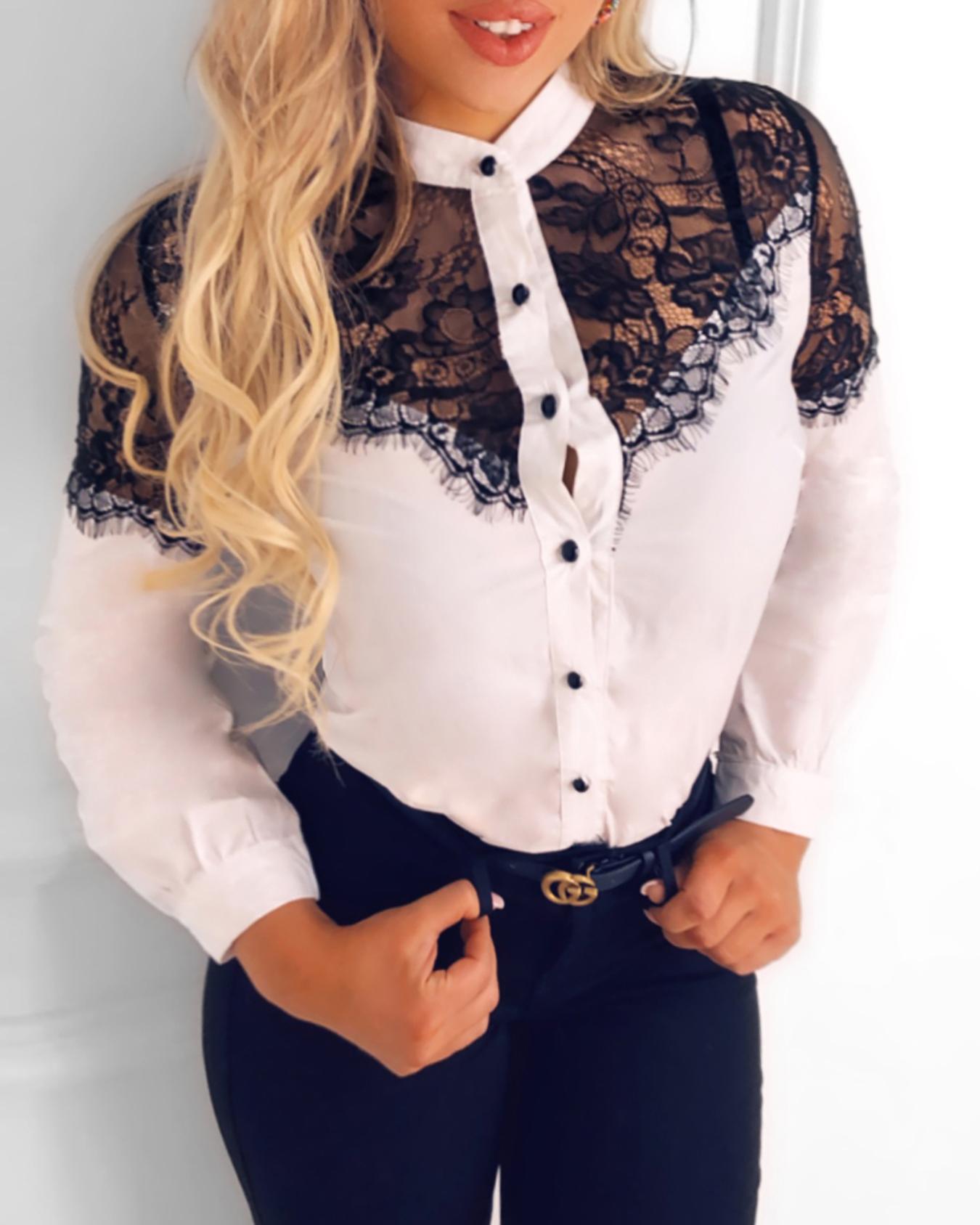 

Eyelash Lace Insert Button Up Blouse