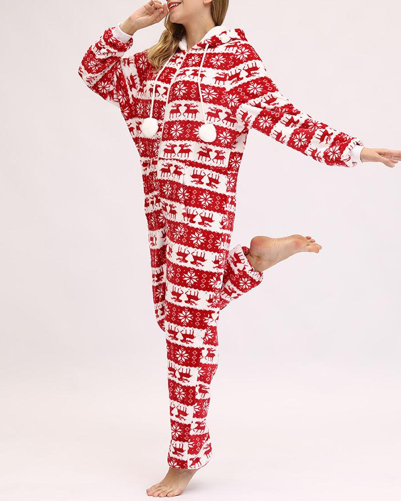 

Christmas Mixed Print Hooded Lounge Jumpsuit, Style2
