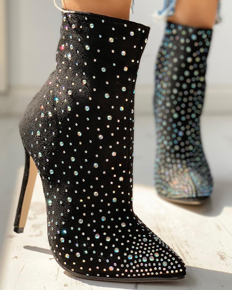 

Hot Stamping Pointed Toe Thin Heeled Boots, Black