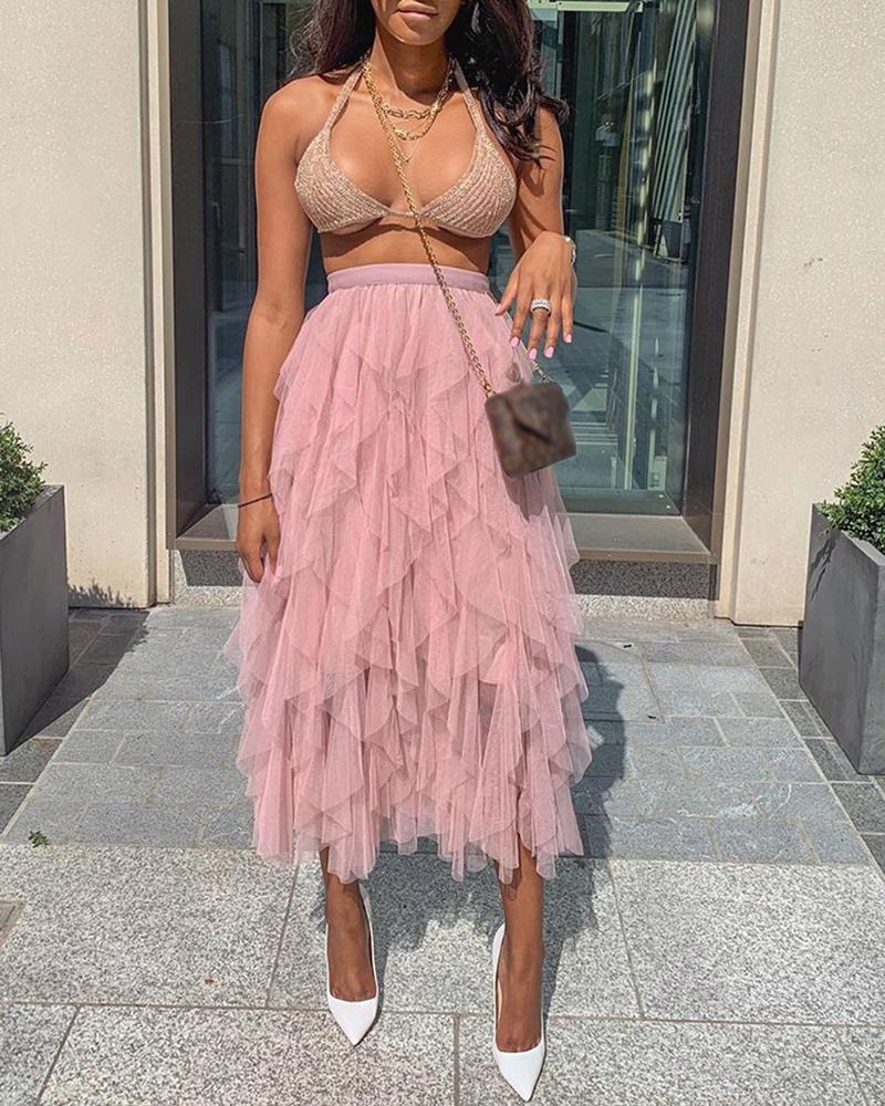 

High Waist Mesh Layered Skirt, Pink