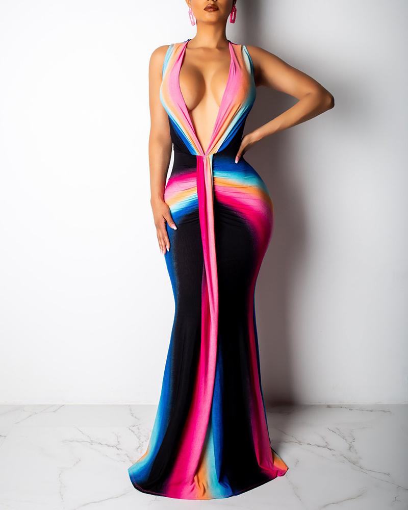 

Rainbow Striped Deep V Neck Evening Dress