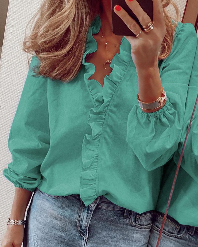 

Long Sleeve Ruffles Casual Blouse, Green