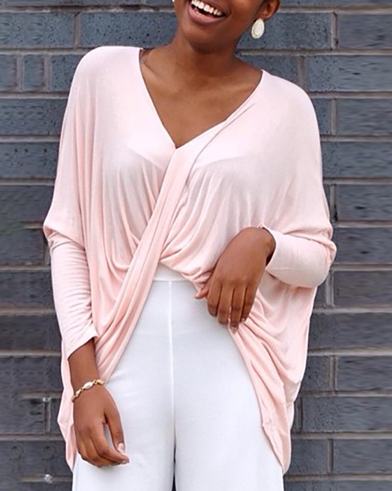 

Batwing Sleeve Twisted Front Blouse, Light pink