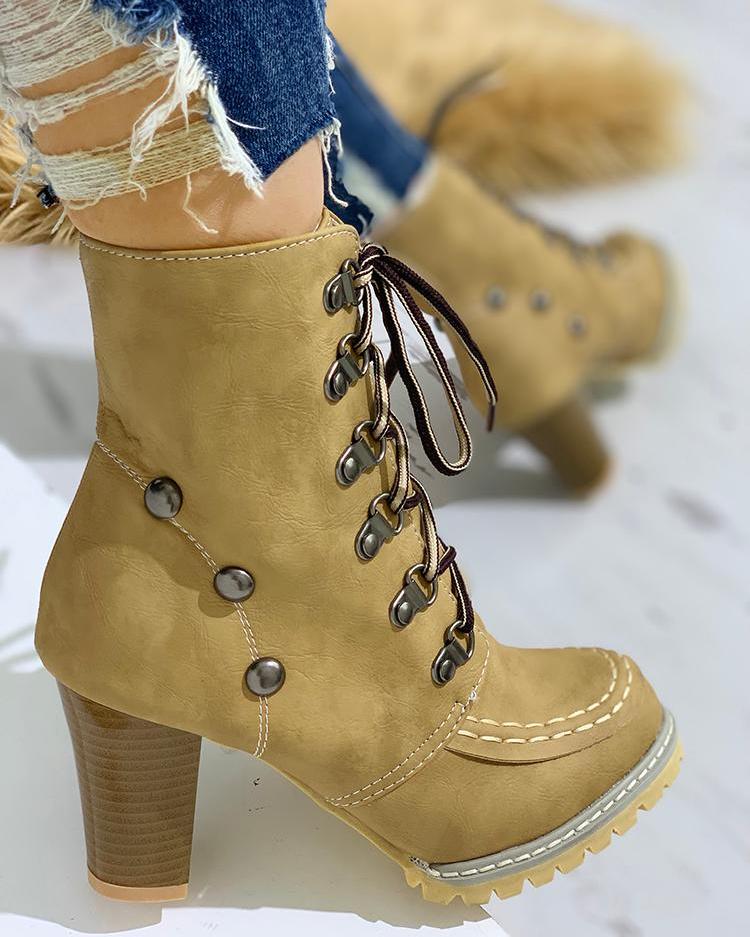 

Rivet Lace-Up Eyelet Chunky Heeled Boots, Yellow