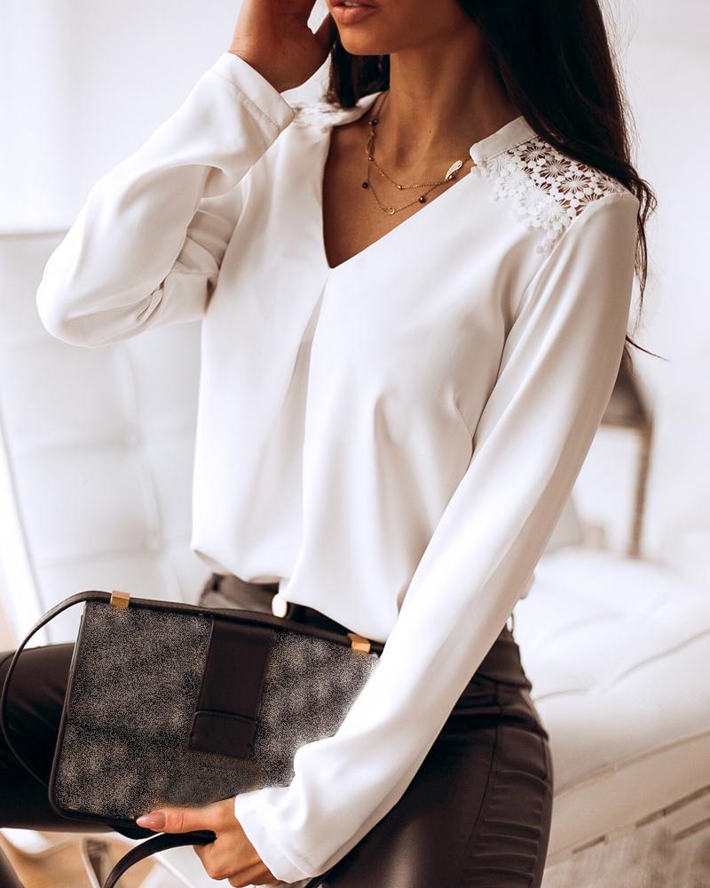 

Solid Lace Hollow Out V-Neck Blouse, White