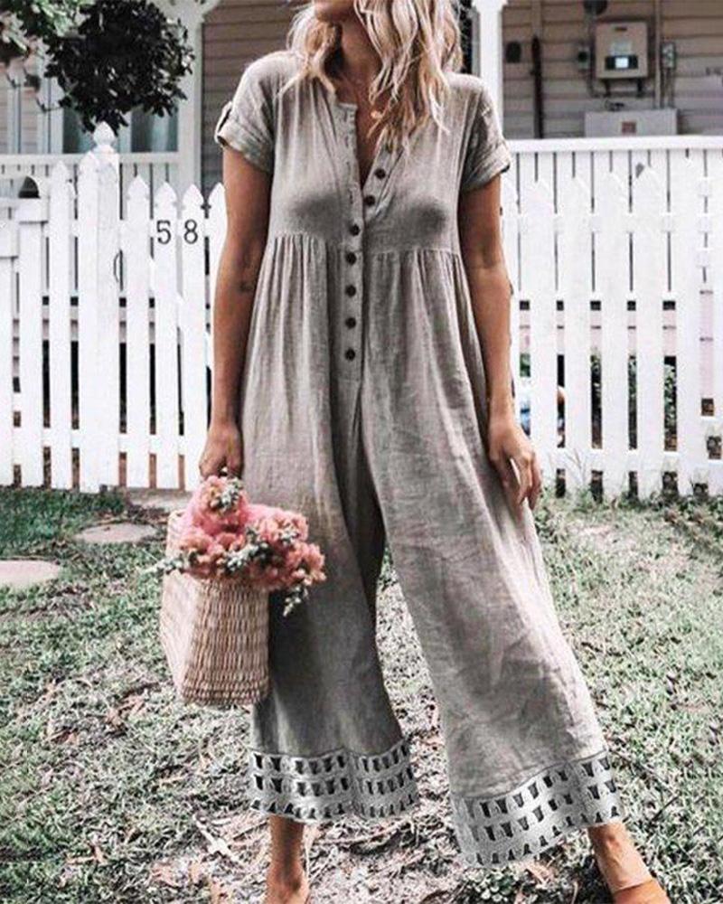 

Button Design Hollow Out Wide Leg Jumpsuit, Gray