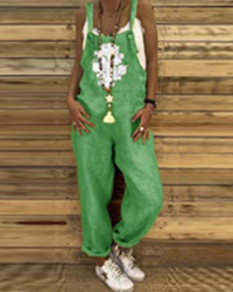 

Printed large size linen cotton jumpsuit, Green