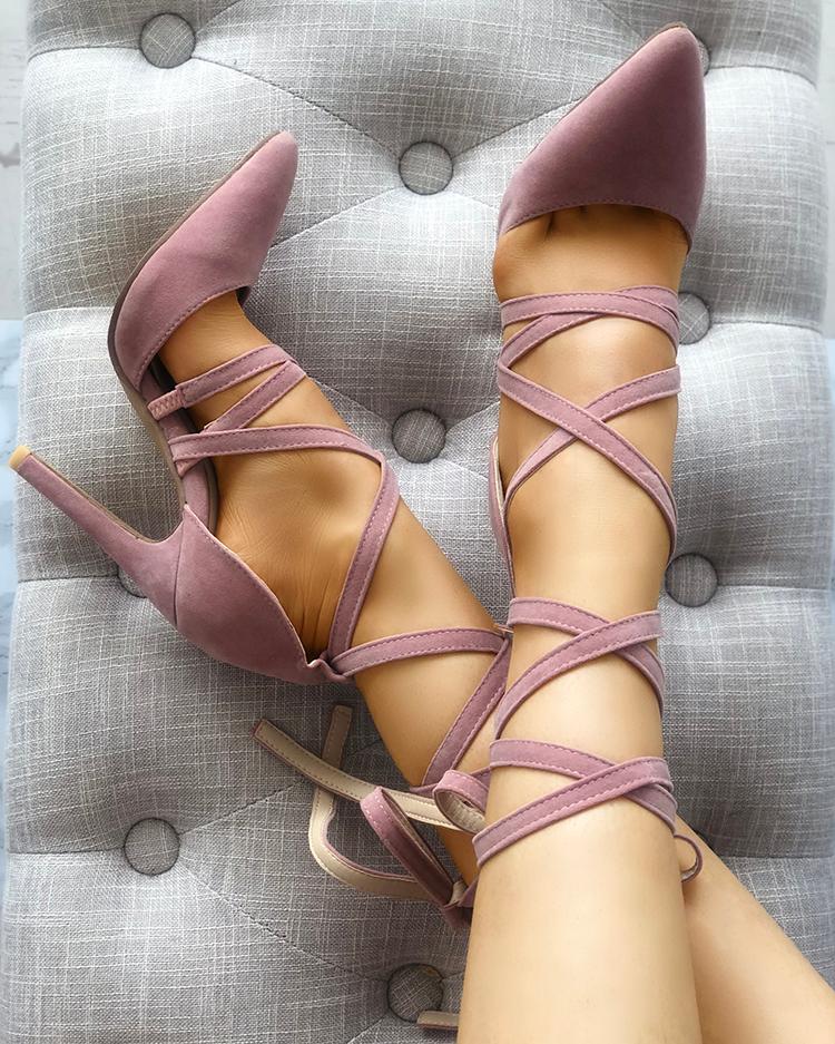 

Solid Strappy Pointed Toe Thin Pumps, Pink