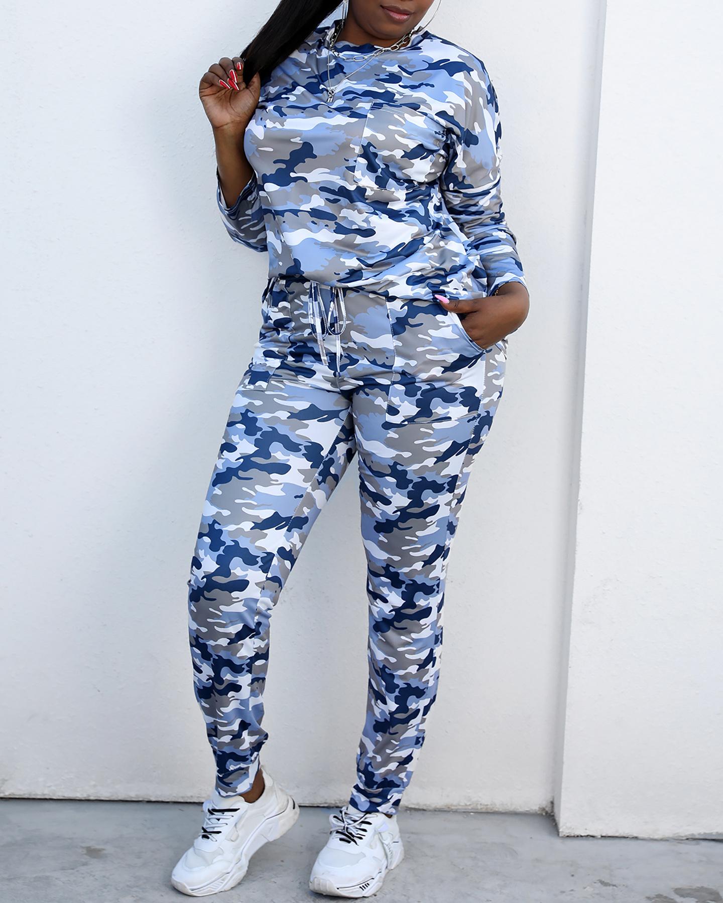 

Camouflage Print Long Sleeve Top & Drawstring Pants Set, Camoflage