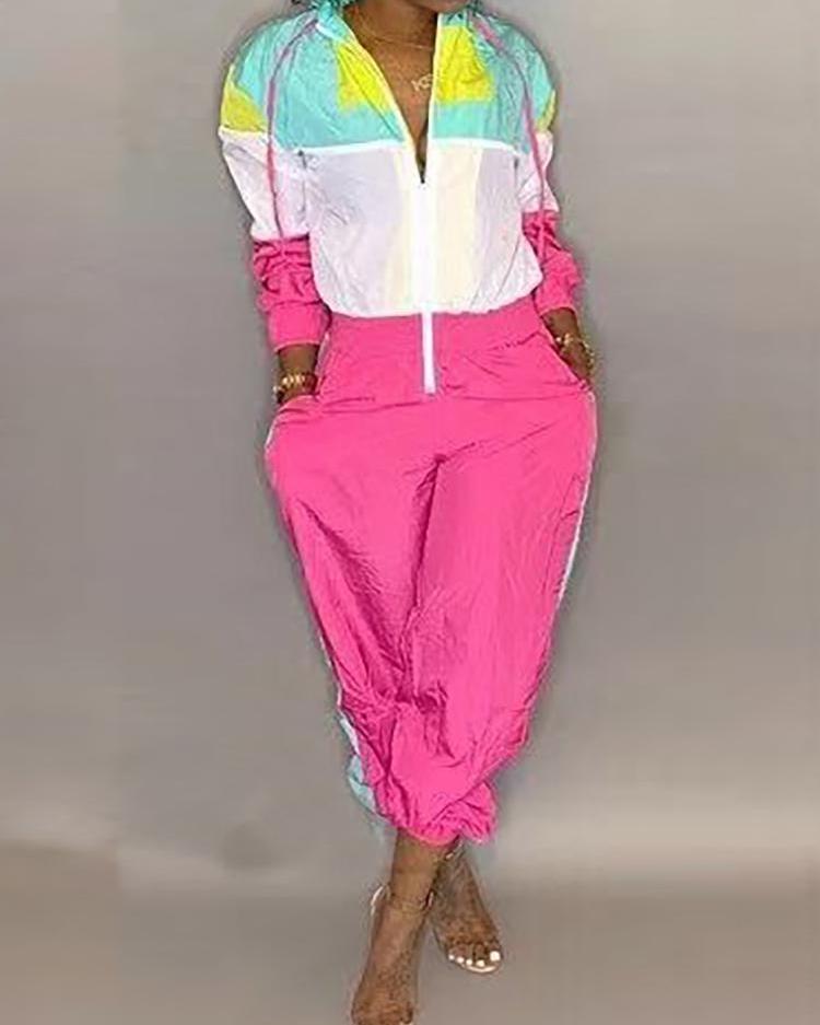 

Contrast Color Zipper Up Hooded Jumpsuit, Pink