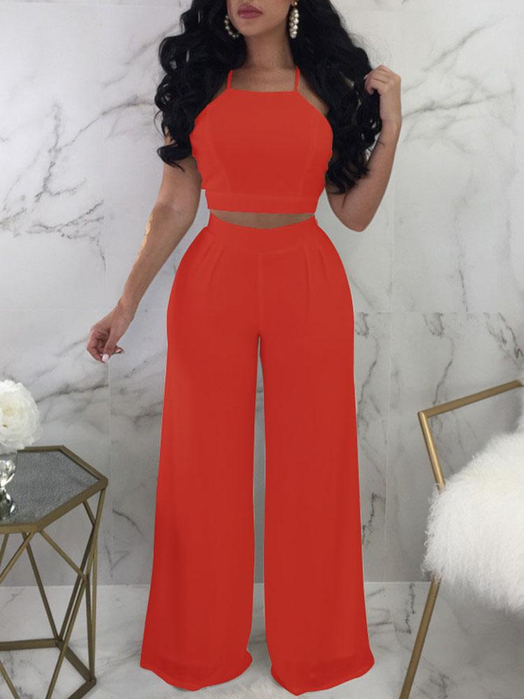 

Solid Halter Backless Wide Leg Pants Set, Red