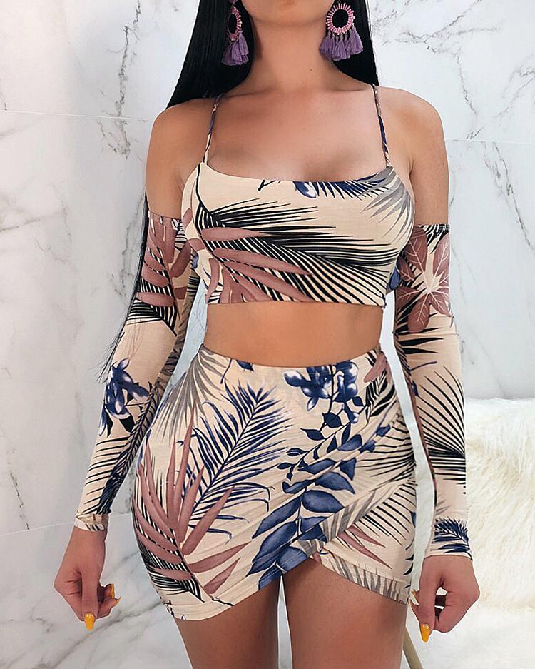

Leaf Print Lace Up Strappy Back Top and Skirt Set