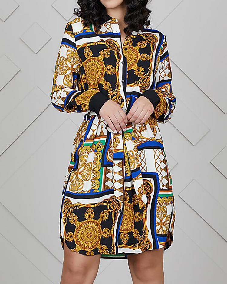 

Ornate Print Curve Hem Shirt Dress, Yellow