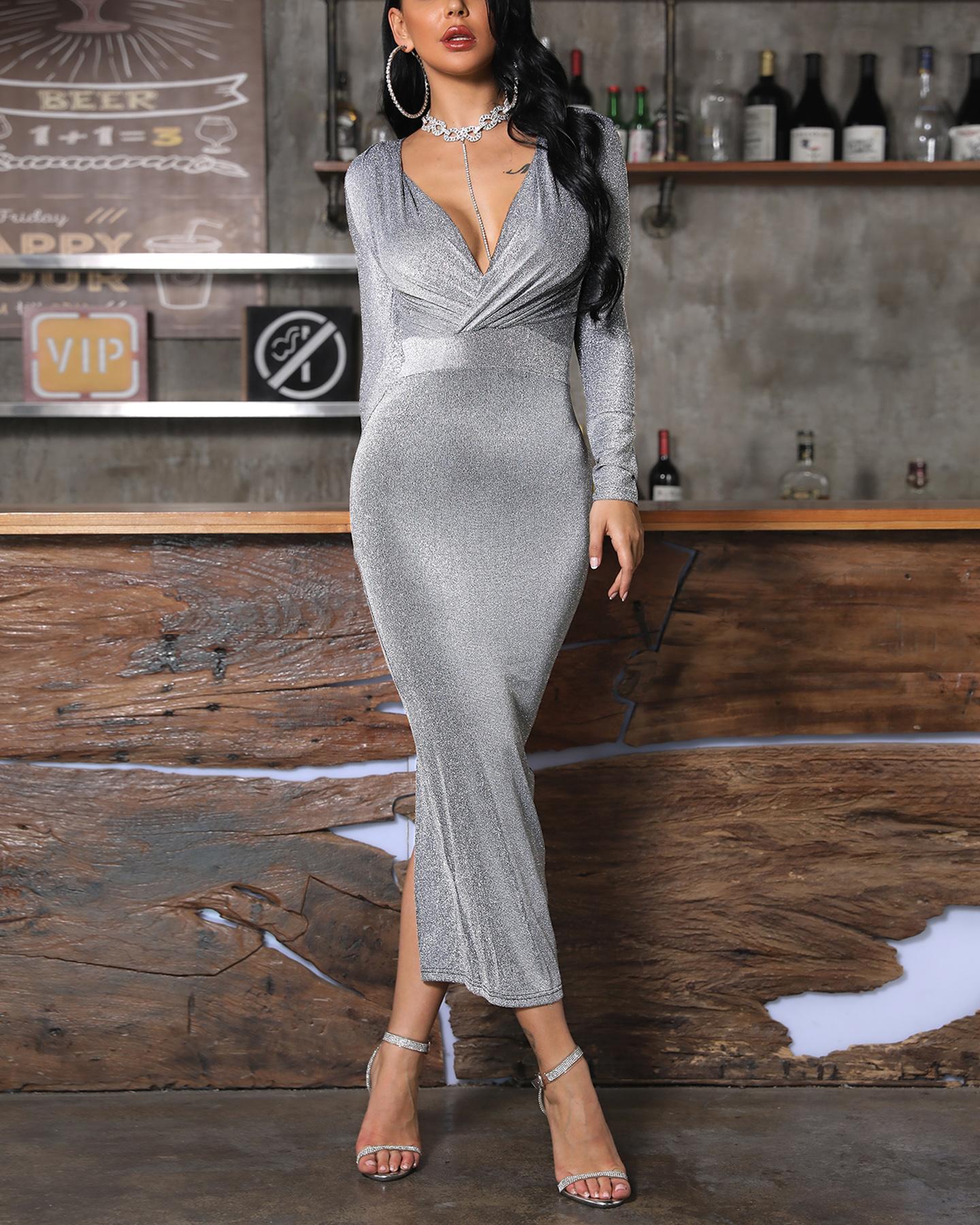 

Glitter V-Neck Slit Back Bodycon Dress