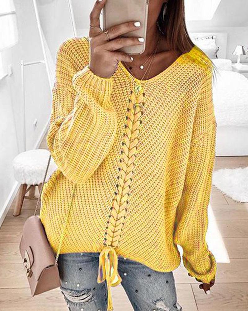 

V Neck Rib Knit Sweater, Yellow