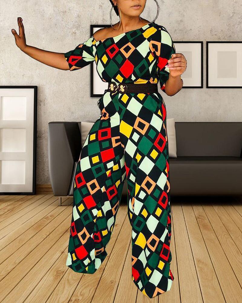 

Skew Neck Geo Print Wide Leg Jumpsuit, Multicolor