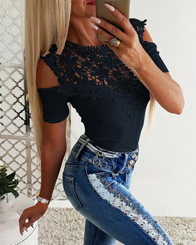 

Cold Shoulder Lace Trim Top, Green