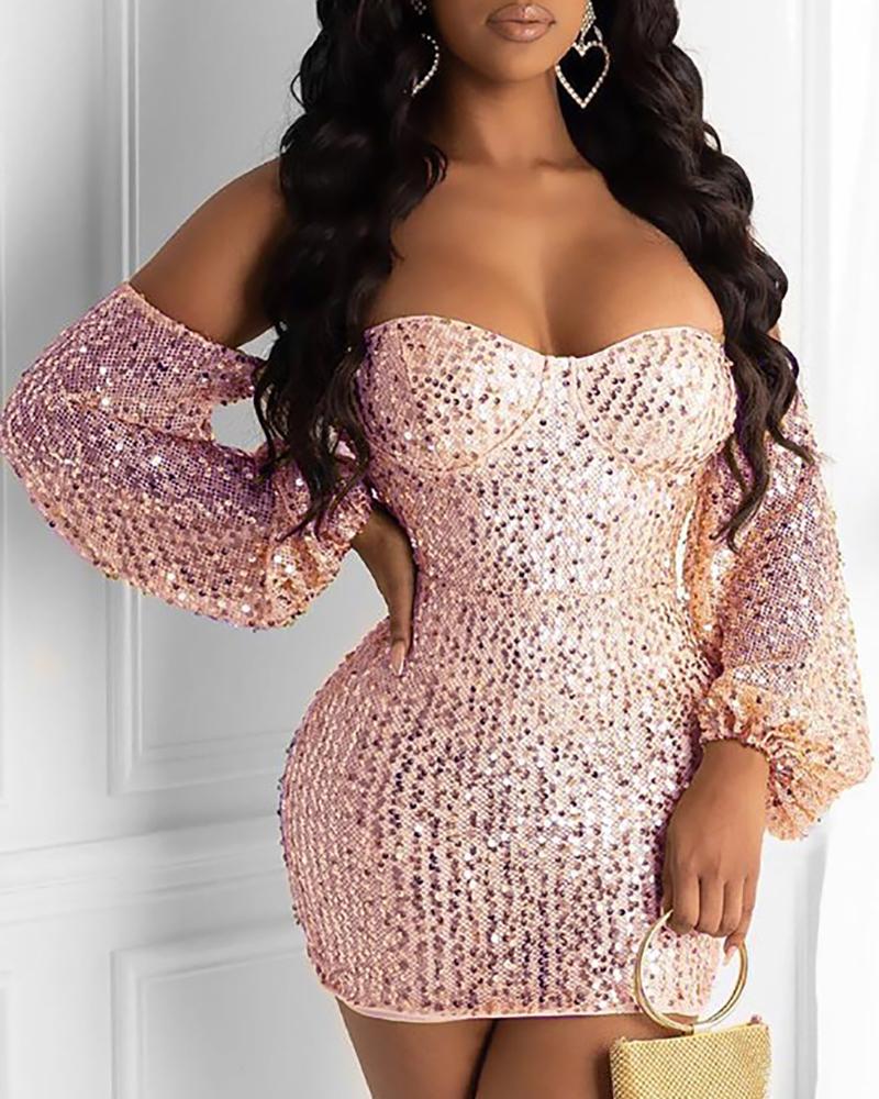 

Glitter Off Shoulder Lantern Sleeve Sequins Bodycon Dress, Pink