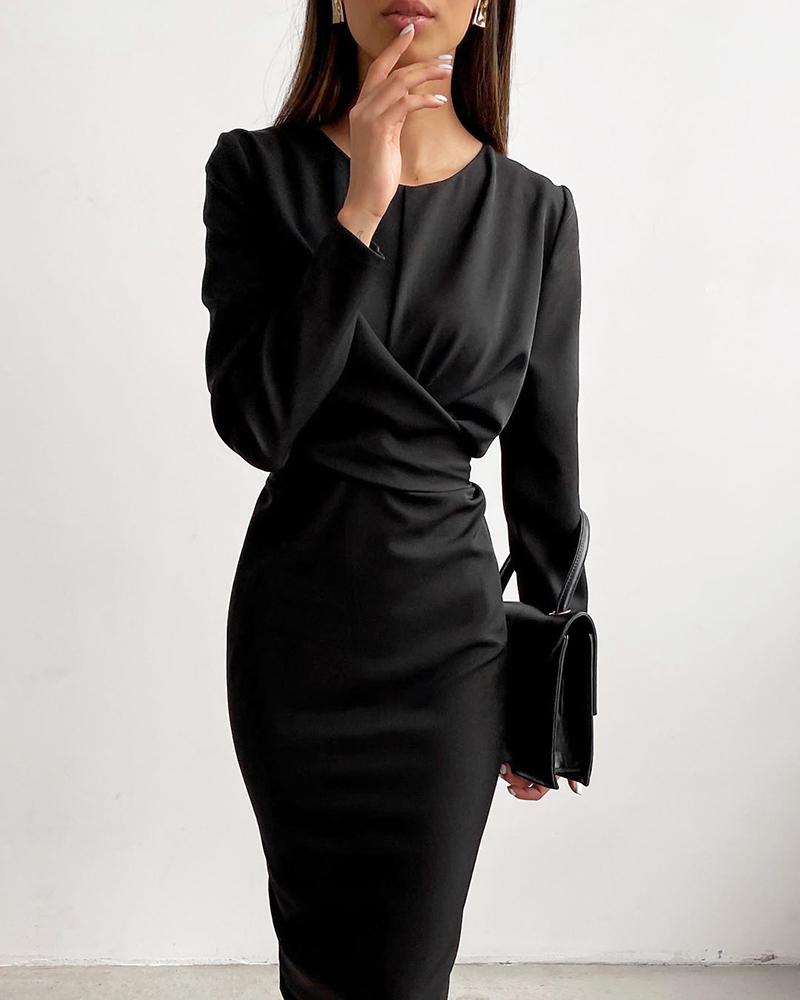 

Plain Long Sleeve Ruched Casual Dress, Black