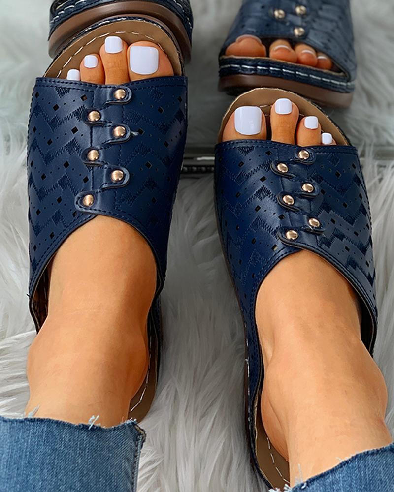 

Open Toe Hollow Out Flat Sandals, Dark blue