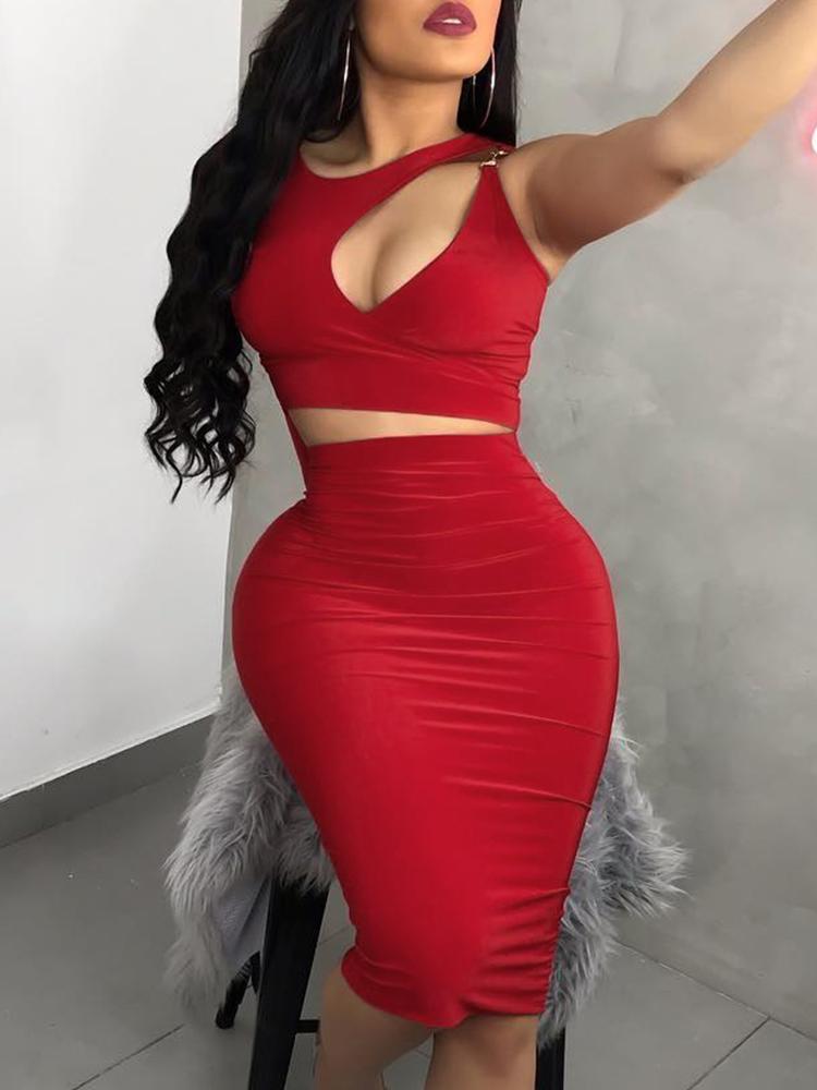 

Cut Out Front Sleeveless Top & Skirt Sets, Red