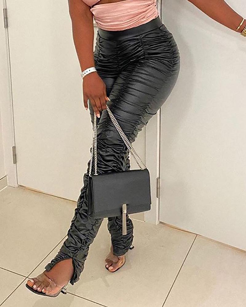 

Ruched Slit PU Leather Pants, Black