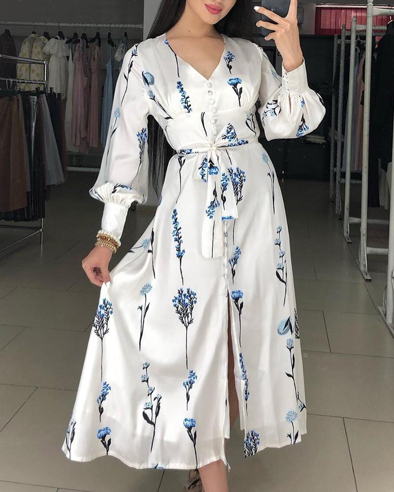 

V Neck Lantern Sleeve Slit Print Dress