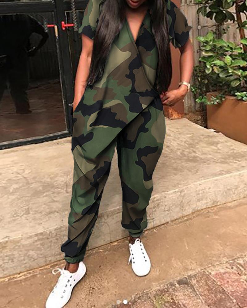 

V Neck Camouflage Print Casual Jumpsuit, Camoflage
