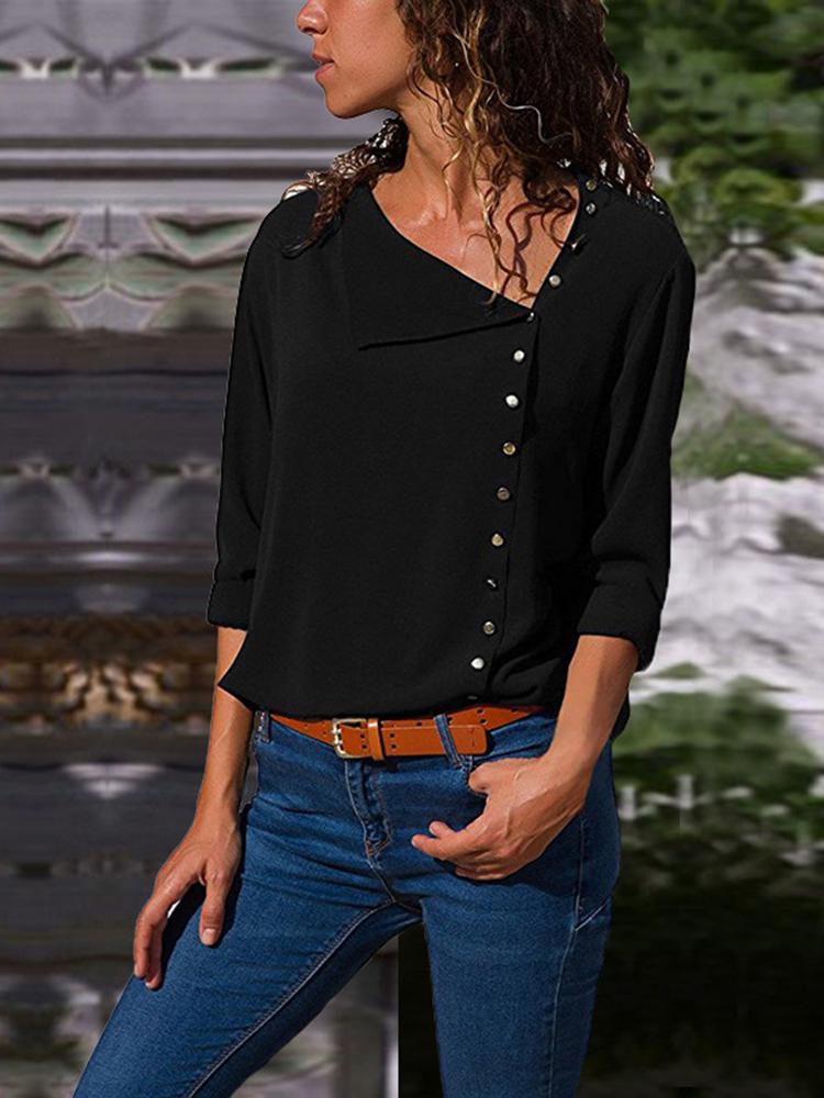 

Solid Button Embellished Casual Blouse, Black