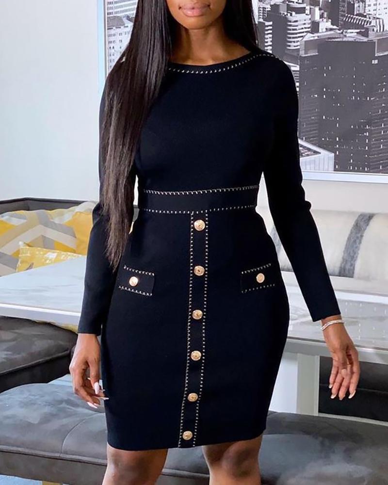 

Solid Patchwork Buttoned Detail Long Sleeve Dress, Black