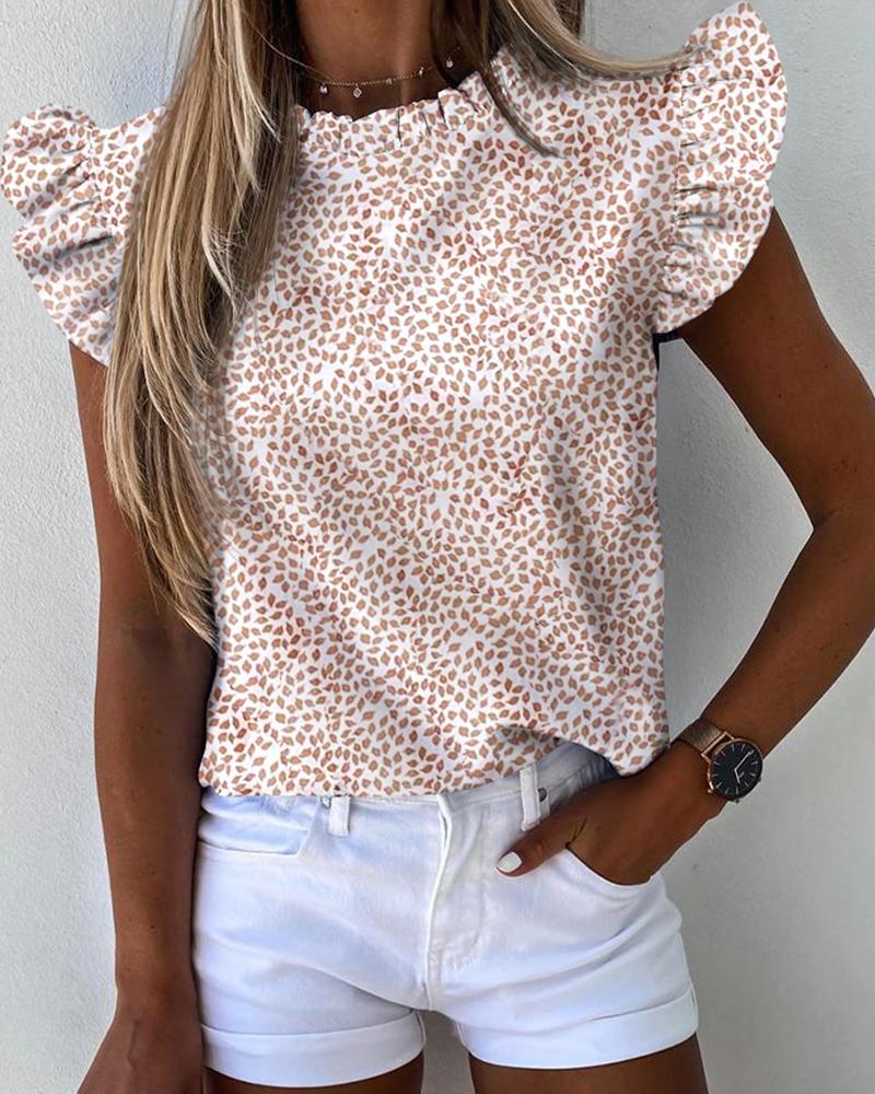 

Floral Print Ruffles Sleeve Casual Top, Light brown