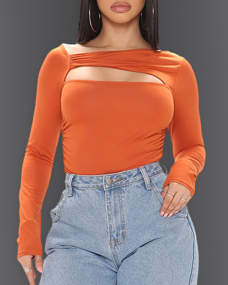 

Cutout Front Ruched Long Sleeve Top, Orange